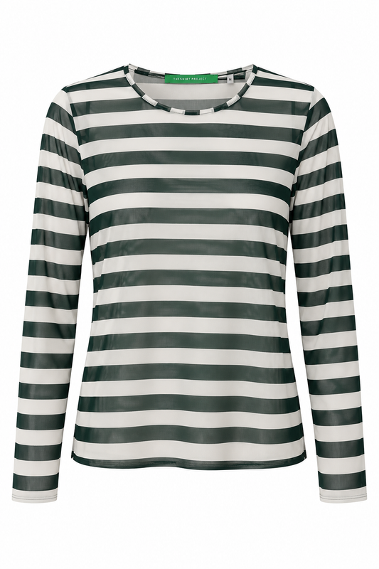  Gestreiftes Longsleeve in ecru und dunkelgrün mit Rundhalsausschnitt und leicht transparenter Optik, Wunderwerk Oldenburg
