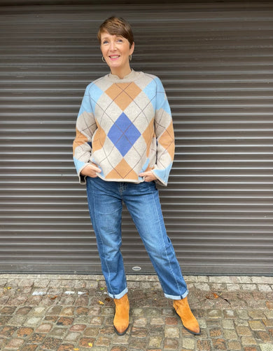 Karierter Pullover mit Rundhals und weiten Ärmeln, in sandfarbend, Wunderwerk Oldenburg