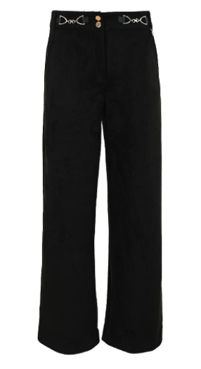 Schwarze Stoffhose mit geradem langen Beinverlauf und silbernem Design am Bund Wunderwerk Oldenburg