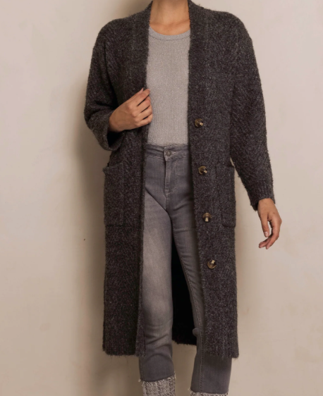 Outfit Langer Grauer Strickmantel Strick Cardigan Damen Long