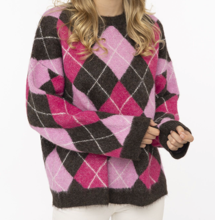 Big Argyle Pullover mit Rundhals in dunkelbraun rosa und Pink  Wunderwerk Oldenburg