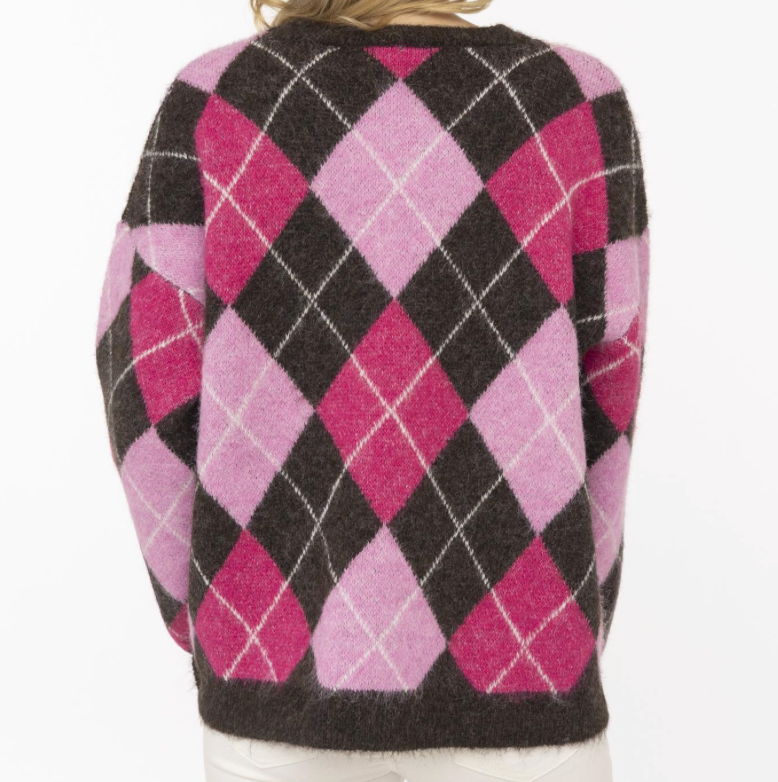 Big Argyle Pullover mit Rundhals in dunkelbraun rosa und Pink  Wunderwerk Oldenburg