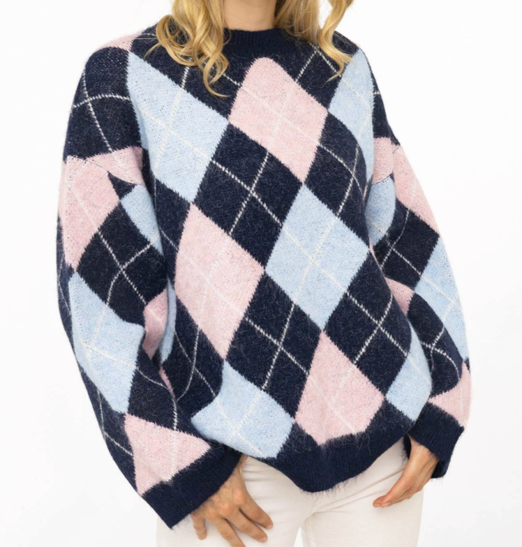 Big Argyle Pullover mit Rundhals in dunkelblau Hellblau und rosa Wunderwerk Oldenburg